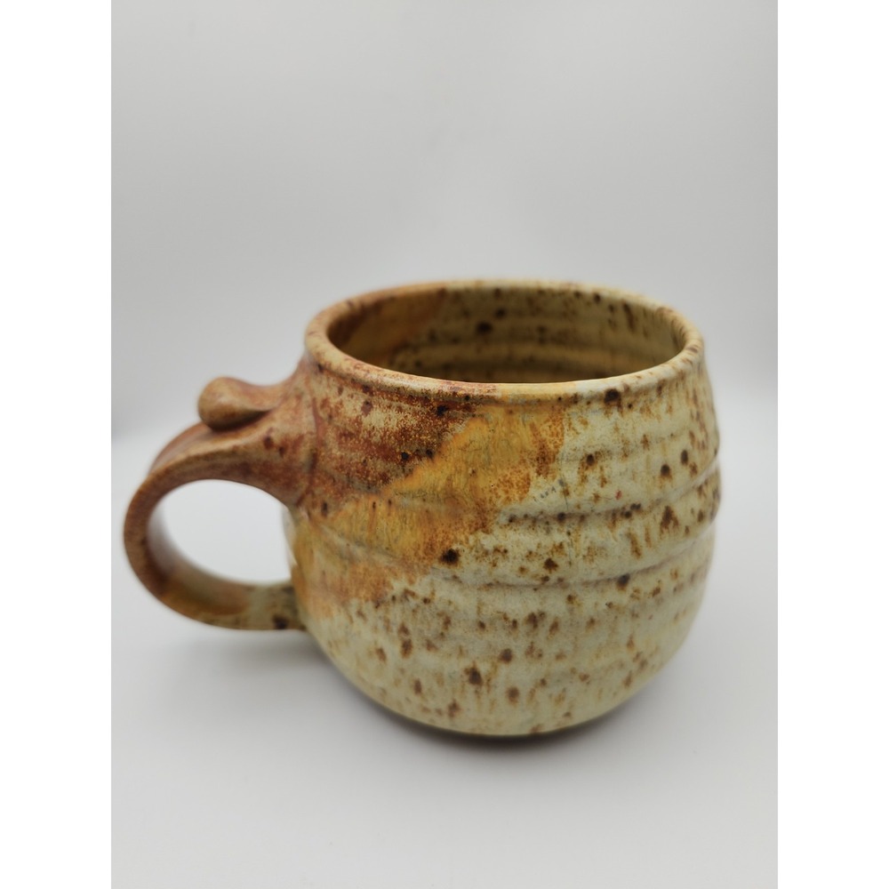 Large Stoneware Mug with Thumb Rest. Artist Signed Studio Pottery. Speckled